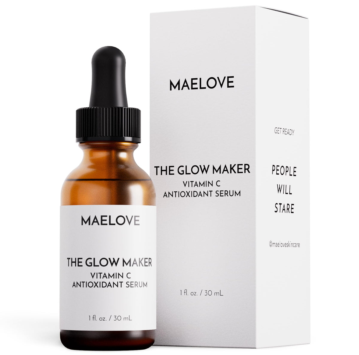 MAELOVE Glow Maker front packaging showing bottle and label benefit of brightening