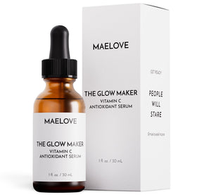 MAELOVE Glow Maker front packaging showing bottle and label benefit of brightening