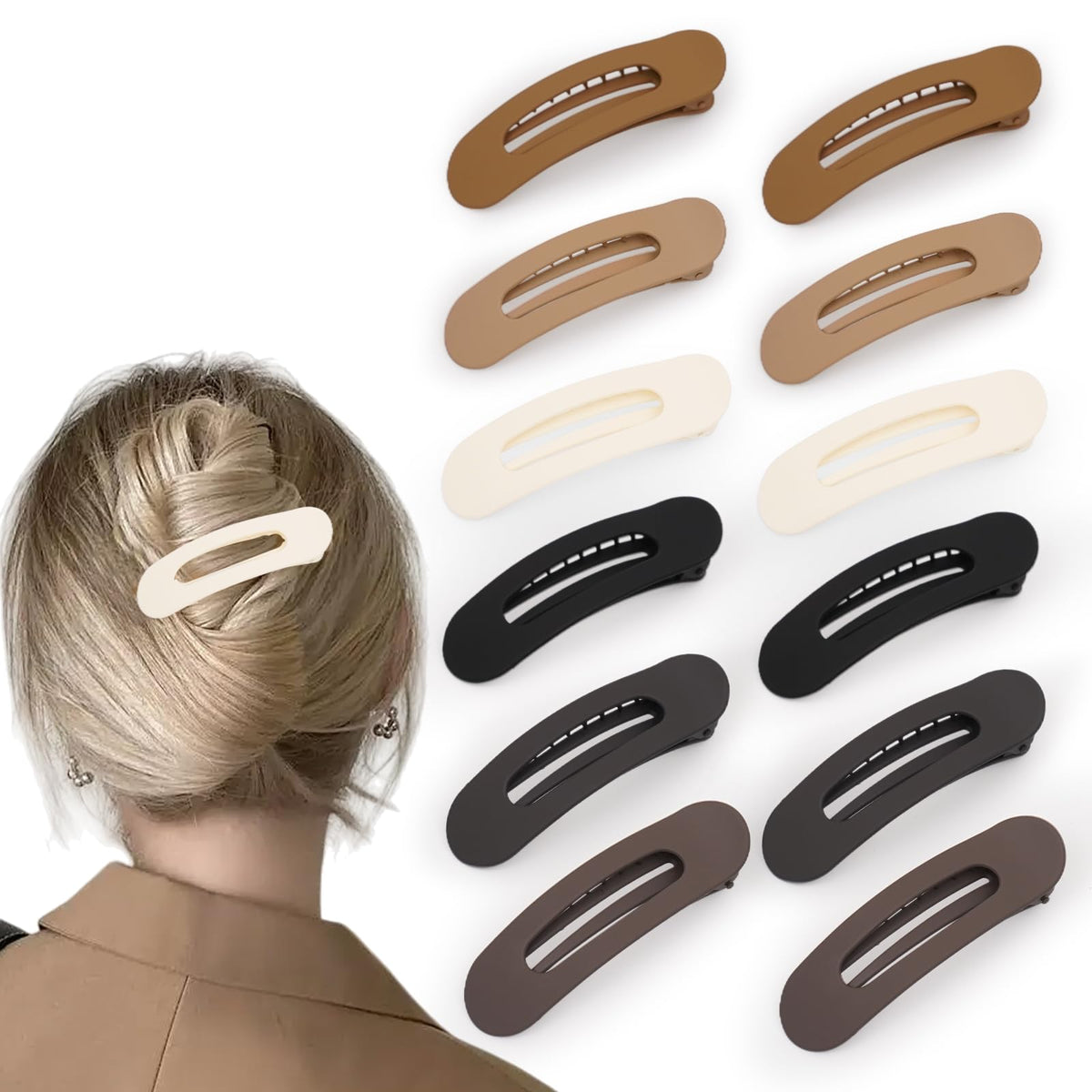 Maeups front pack showing all twelve matte flat clips and benefit of coordinated colors