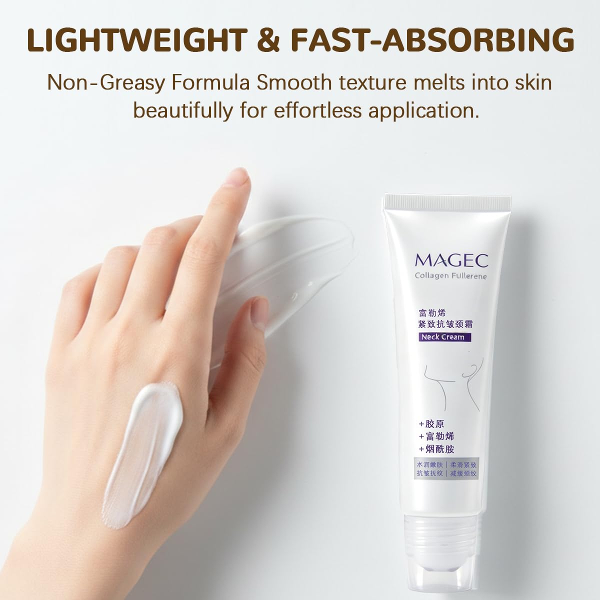 Magec Cream décolletage detail shot showing refined skin texture benefit