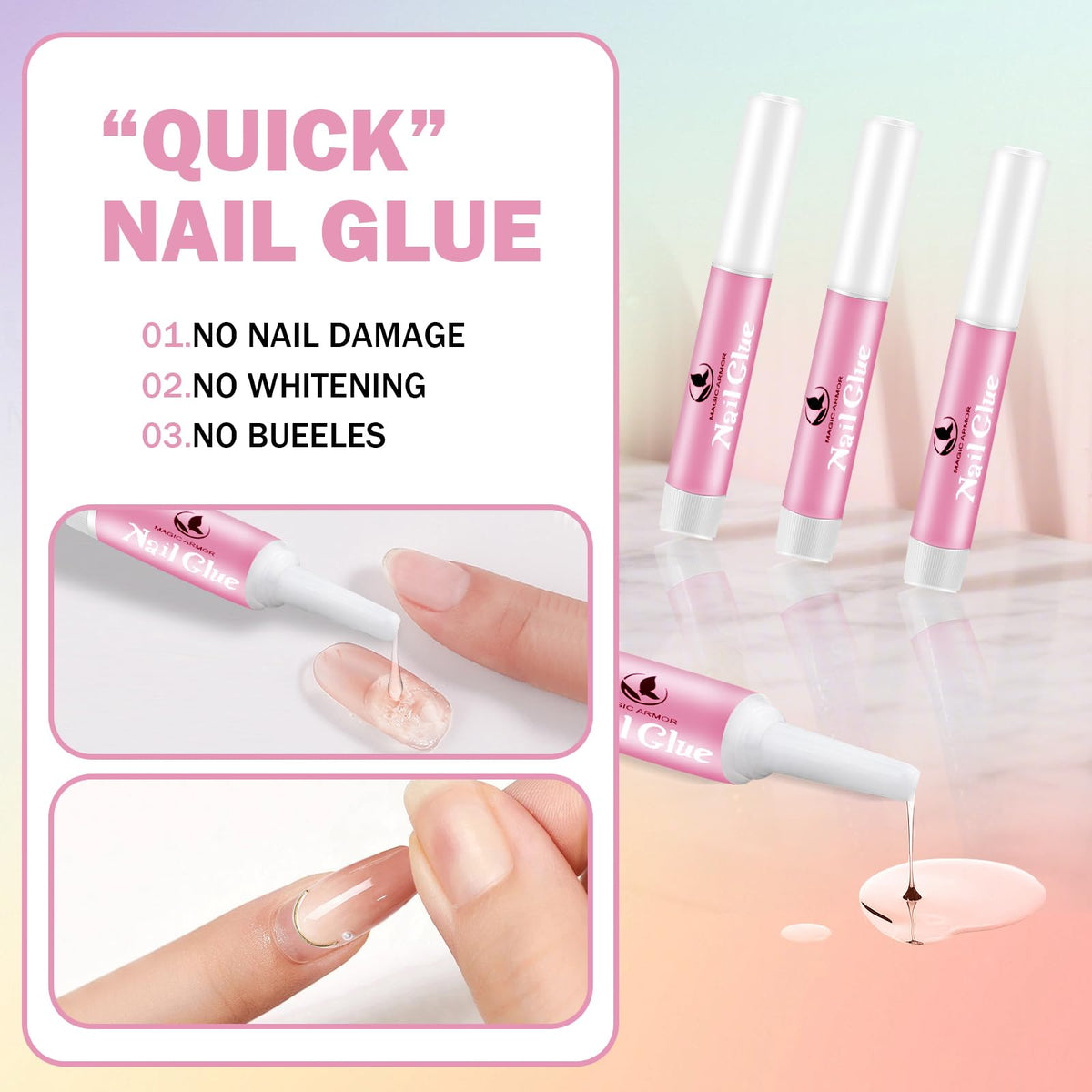 MAGIC ARMOR applying glue to false nail demonstrating secure bond benefit