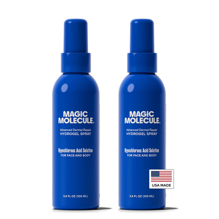 Magic Molecule front packaging showing two 3.4 oz bottles and benefits