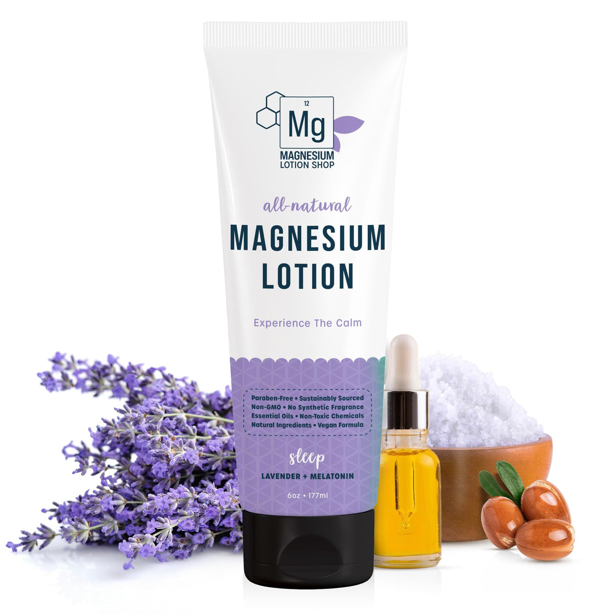 Magnesium Lotion Shop front label showing lavender scent and ingredient highlights