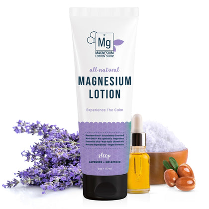 Magnesium Lotion Shop front label showing lavender scent and ingredient highlights