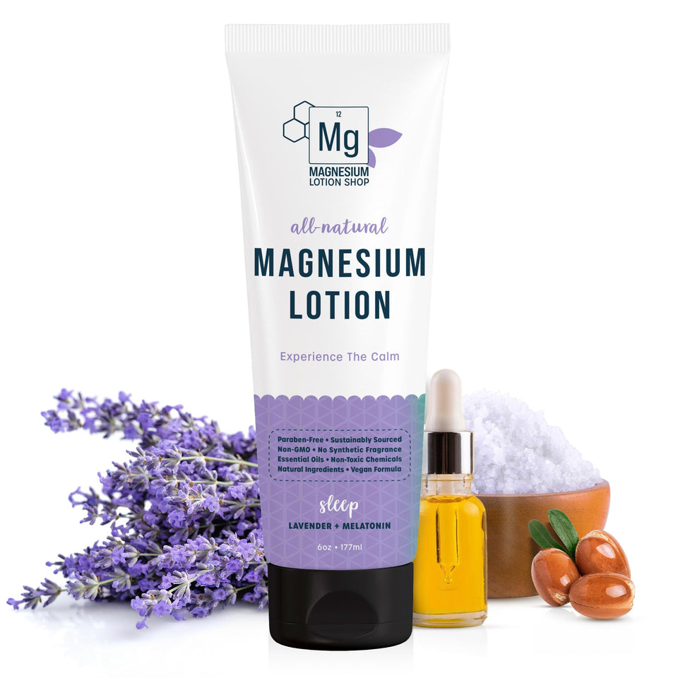 Magnesium Lotion Shop front label showing lavender scent and ingredient highlights