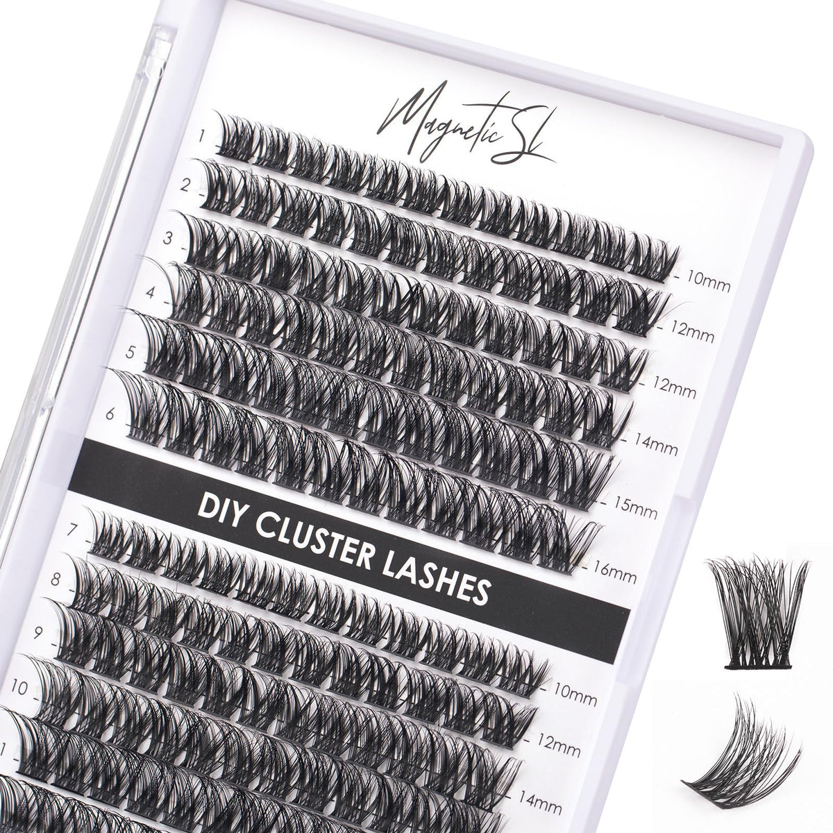 Magnetic SL front packaging showing 144 cluster lashes for easy selection and reuse
