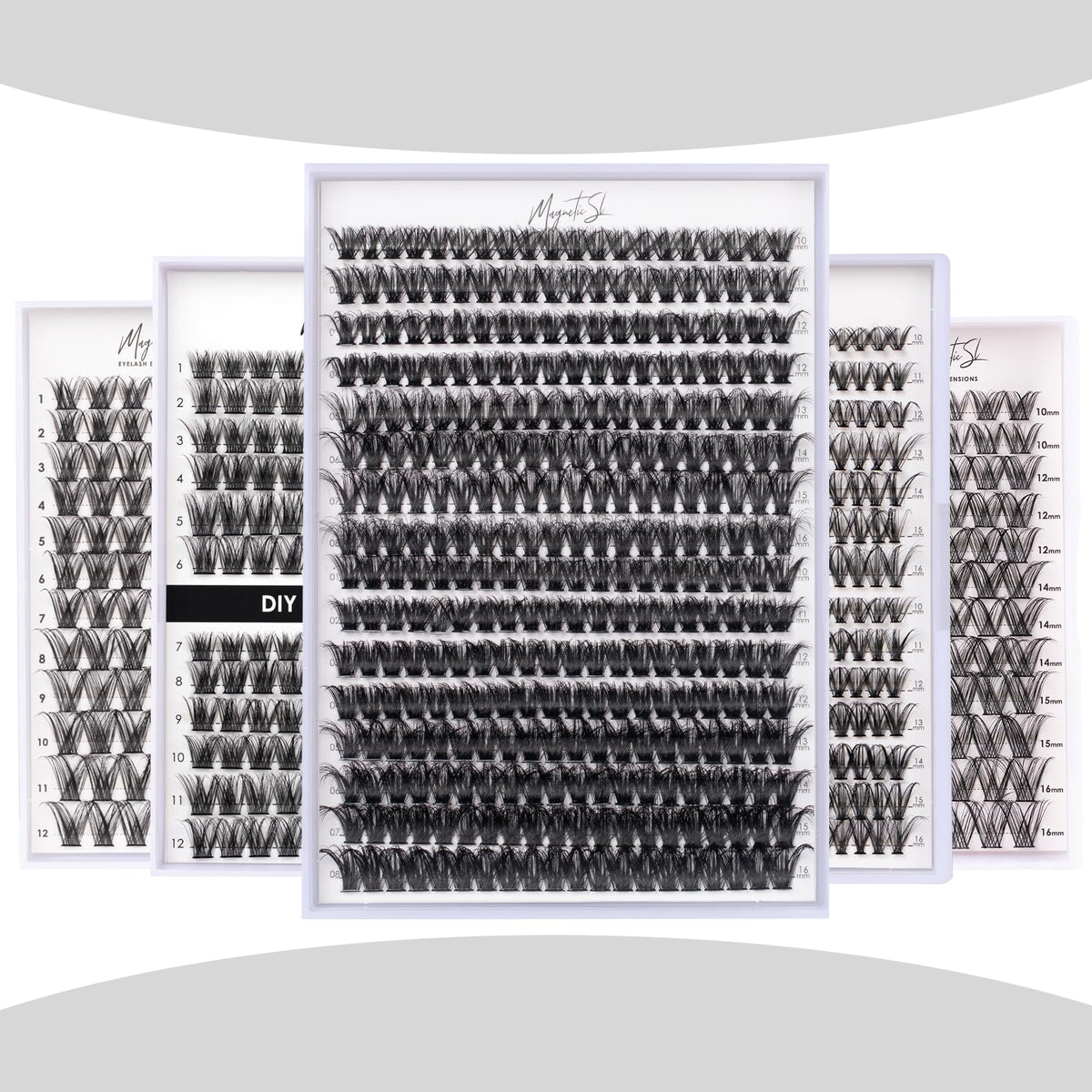 Magnetic SL lashes beside ruler to illustrate 10–16mm size range