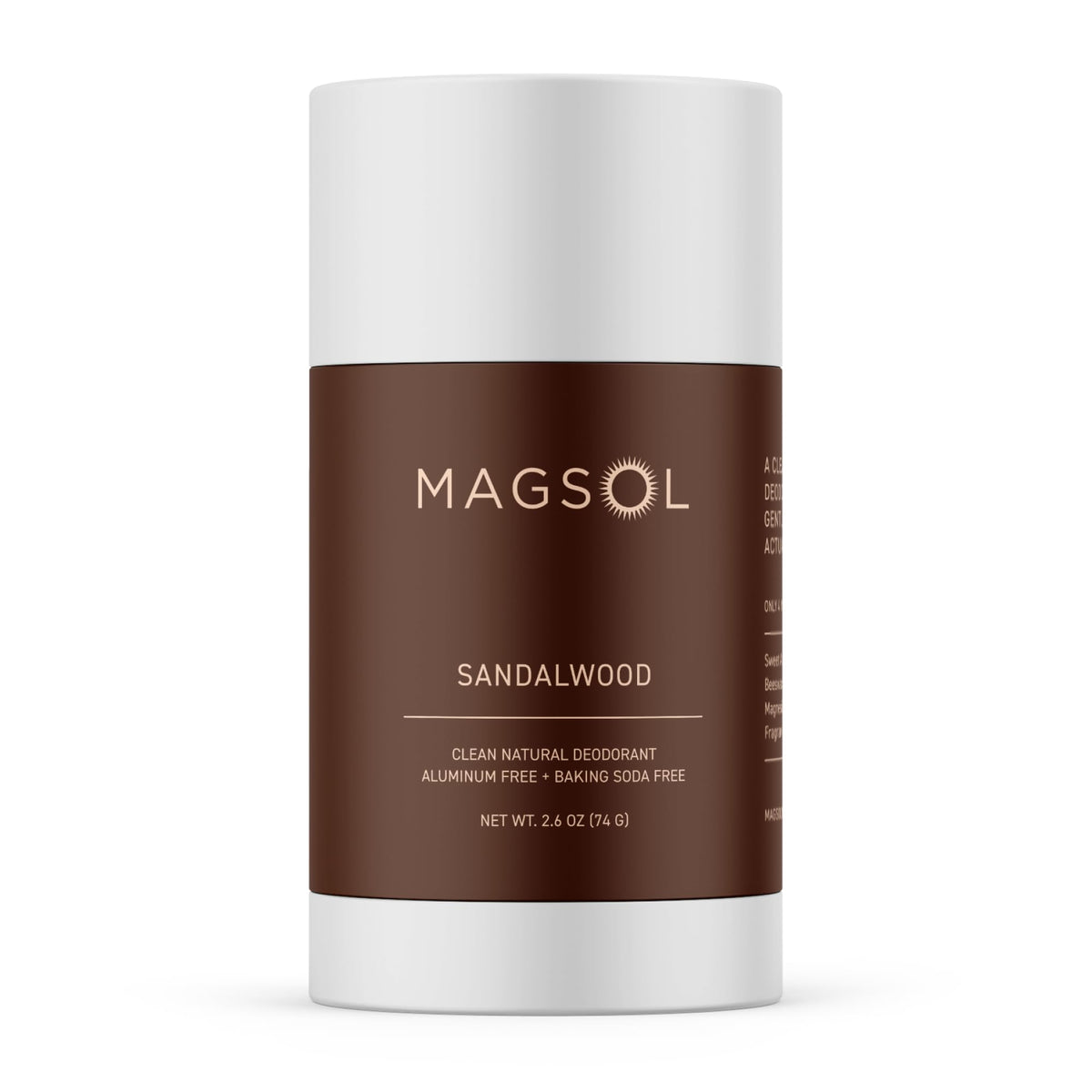 MagSol Organics front packaging showing 2.6 oz stick and sandalwood scent benefit