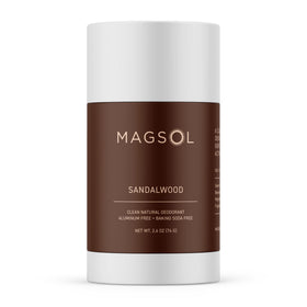 MagSol Organics front packaging showing 2.6 oz stick and sandalwood scent benefit