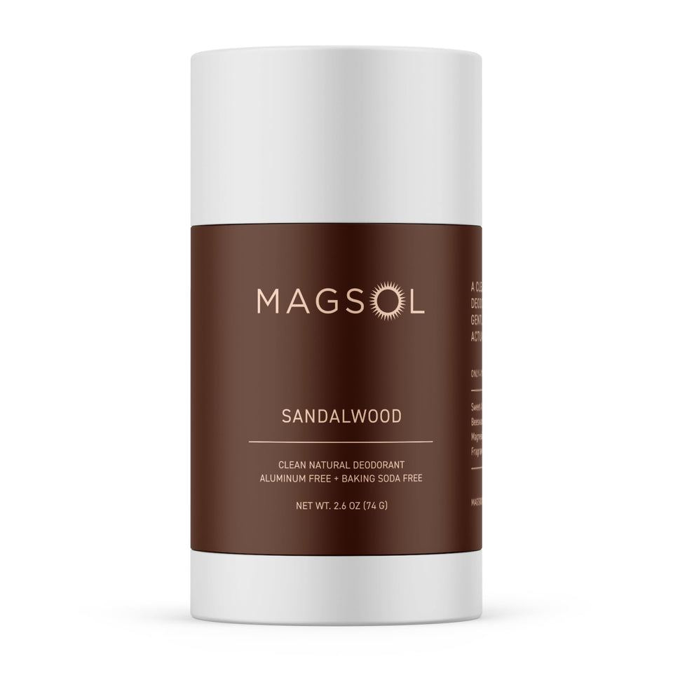 MagSol Organics front packaging showing 2.6 oz stick and sandalwood scent benefit