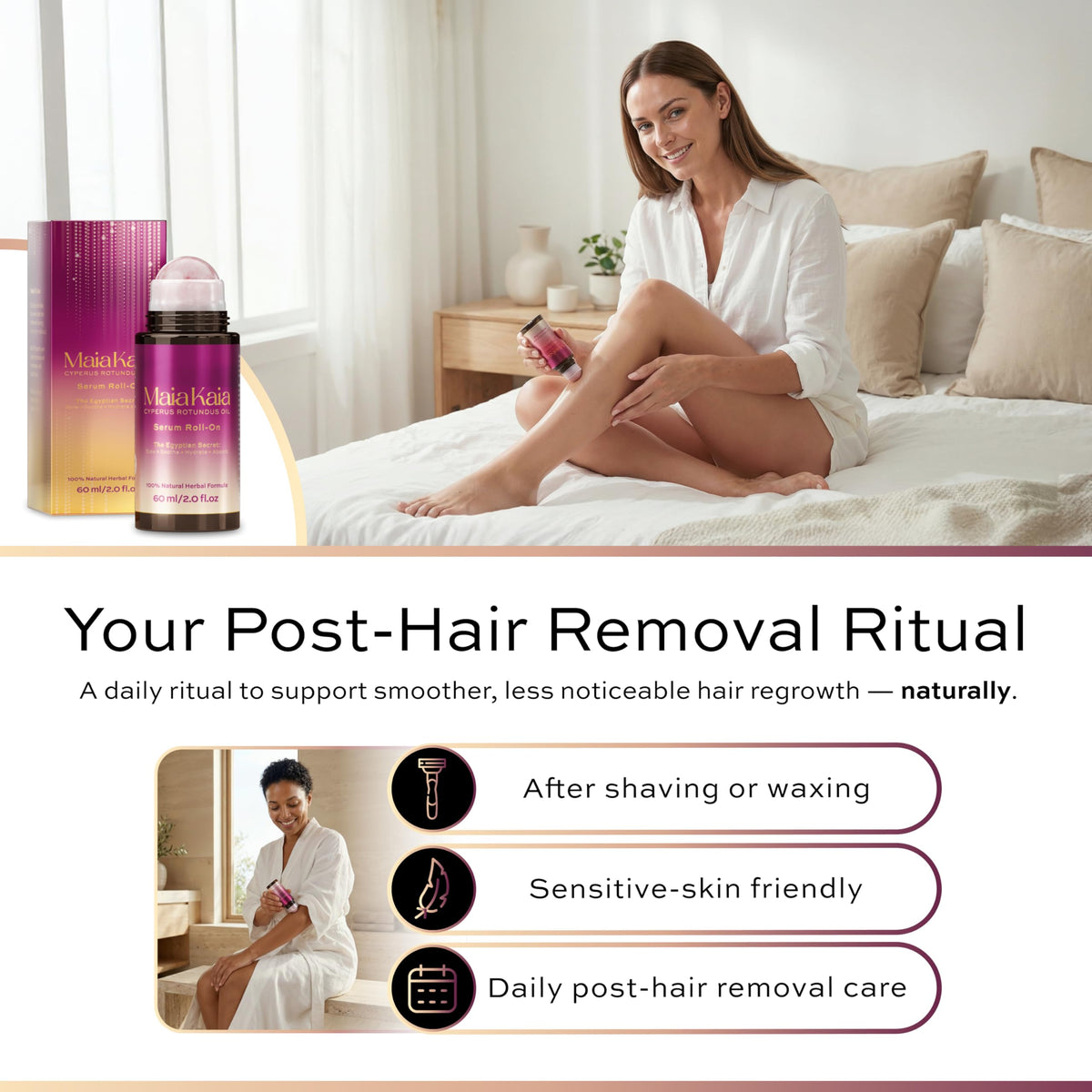 Maia Kaia applied to leg to soothe post-hair-removal skin