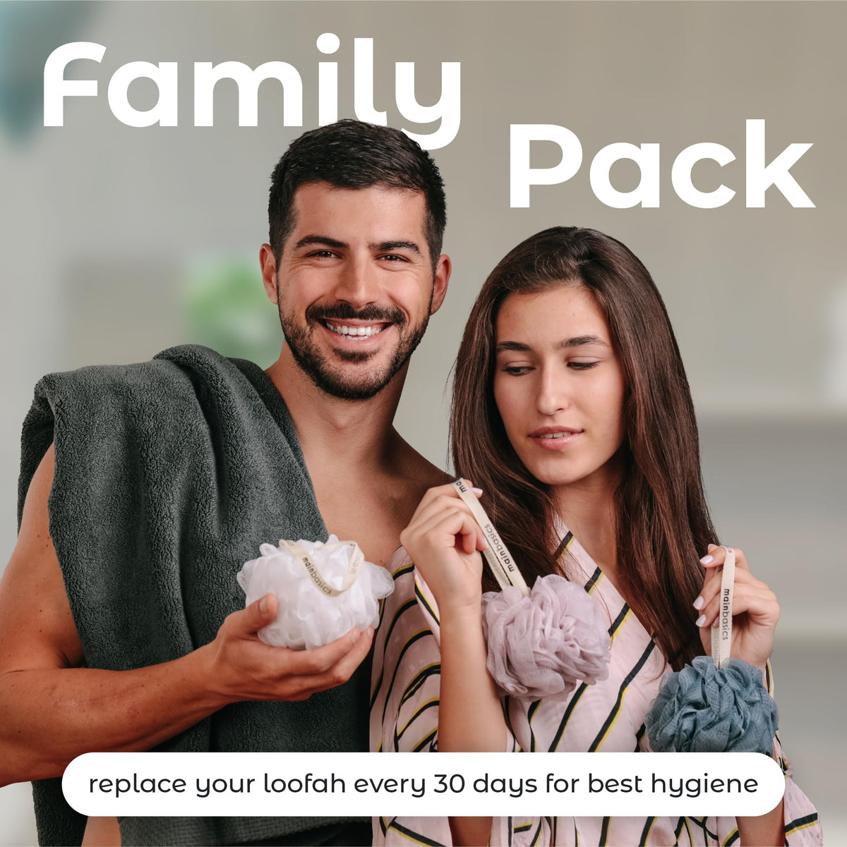 MainBasics loofah in shower lifestyle scene for daily use convenience
