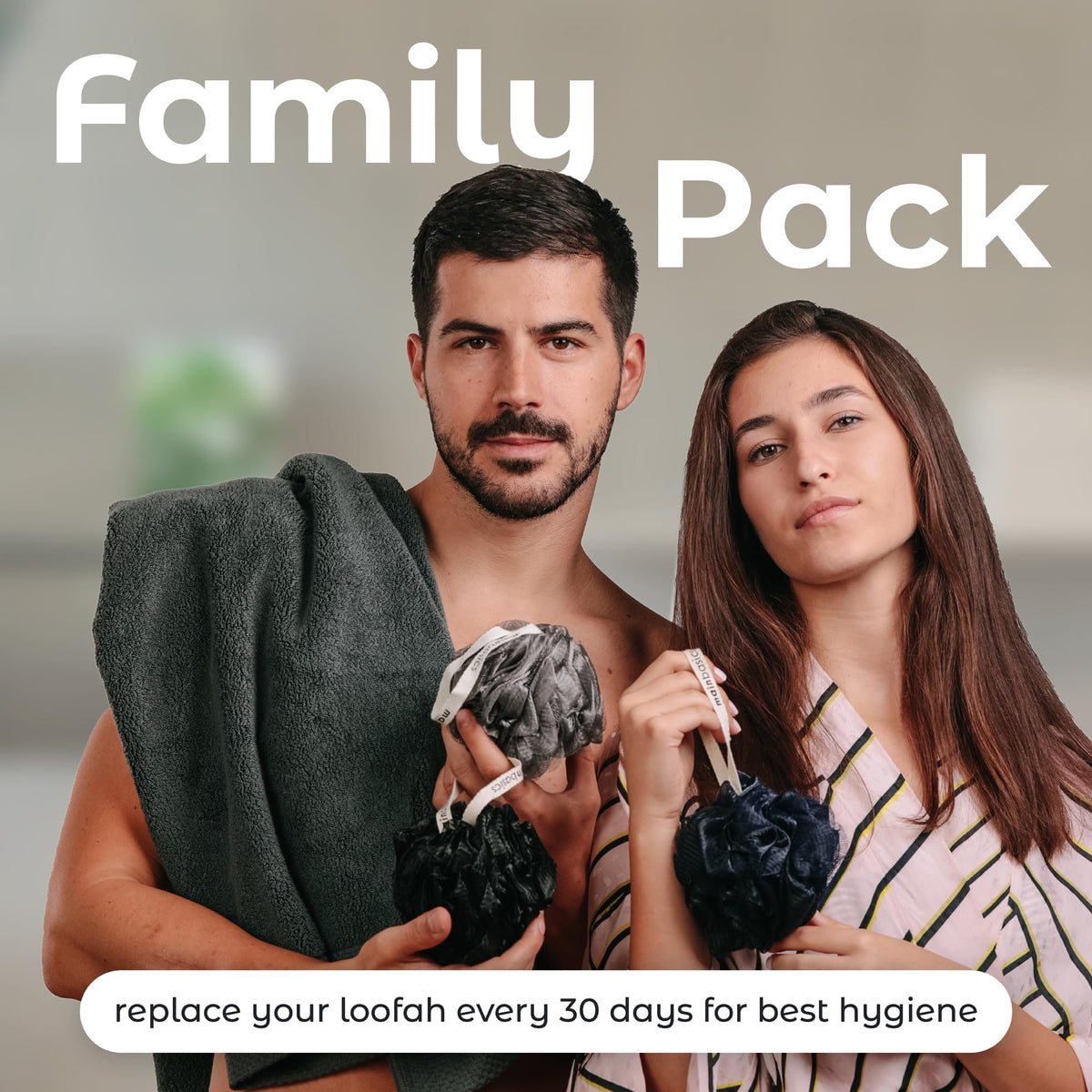 MainBasics loofah positioned on shower shelf demonstrating in-use convenience