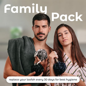 MainBasics loofah positioned on shower shelf demonstrating in-use convenience