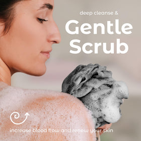 MainBasics loofah held in hand to show compact size and grip