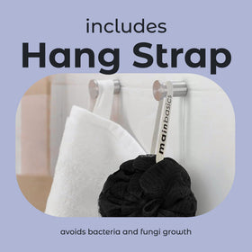MainBasics loofah packed in toiletry bag for travel convenience