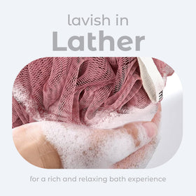 MainBasics loofah in shower creating foam, improves lather and cleanses efficiently