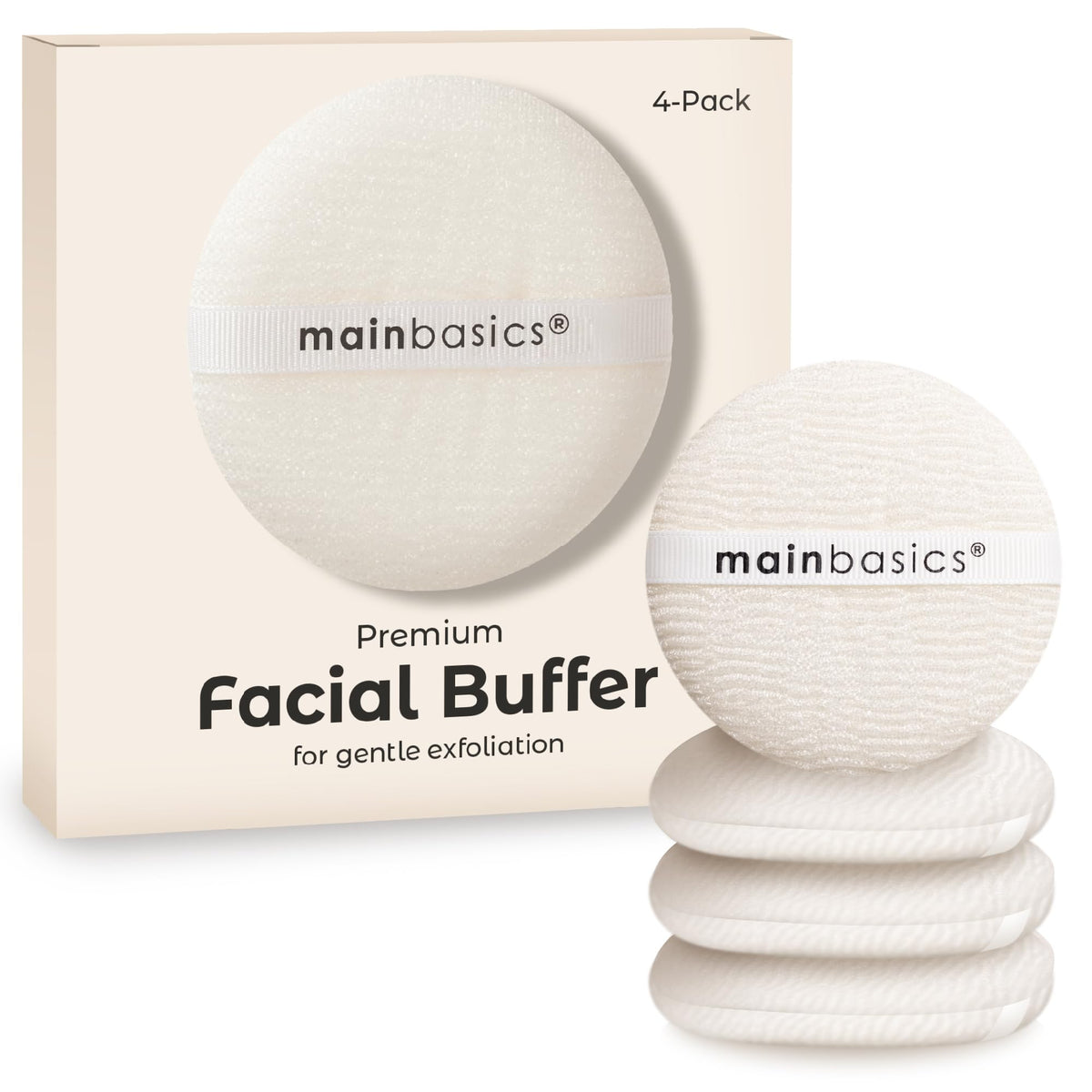 MainBasics face scrubber front view showing compact 3-inch design and soft weave for gentle exfoliation