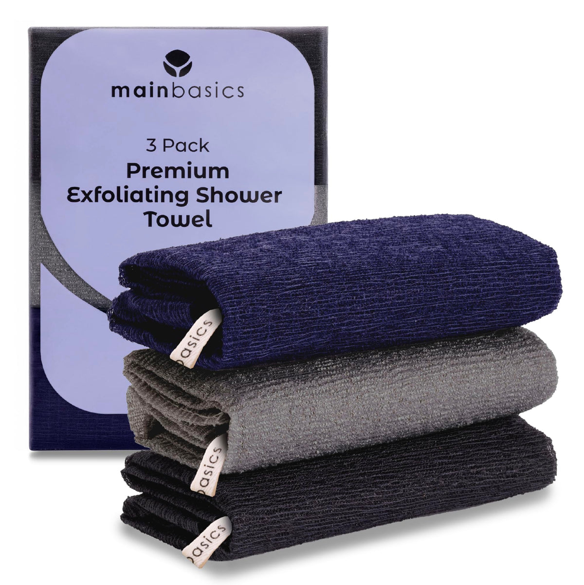 MainBasics front view of black ice pack showing set of three towels and benefit of durable design