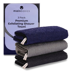 MainBasics front view of black ice pack showing set of three towels and benefit of durable design