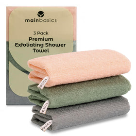 MainBasics front view of Earthy Love packaging showing set of three towels and benefits