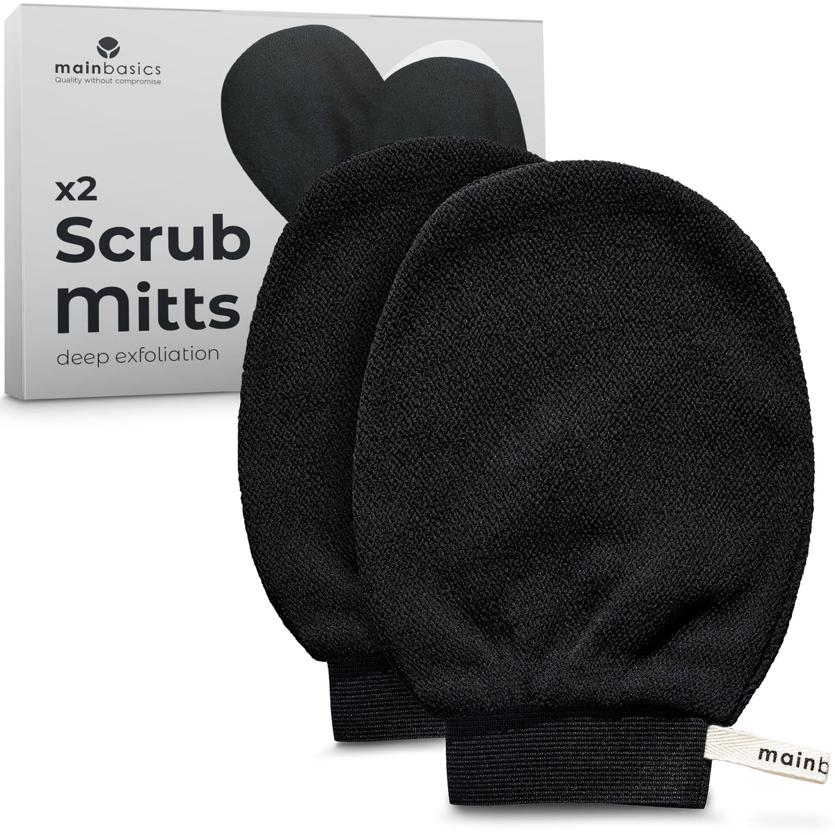 MainBasics front packaging showing two scrub mitts and benefits
