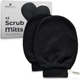 MainBasics front packaging showing two scrub mitts and benefits
