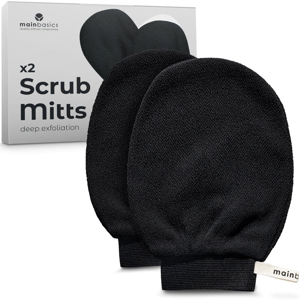 MainBasics front packaging showing two scrub mitts and benefits