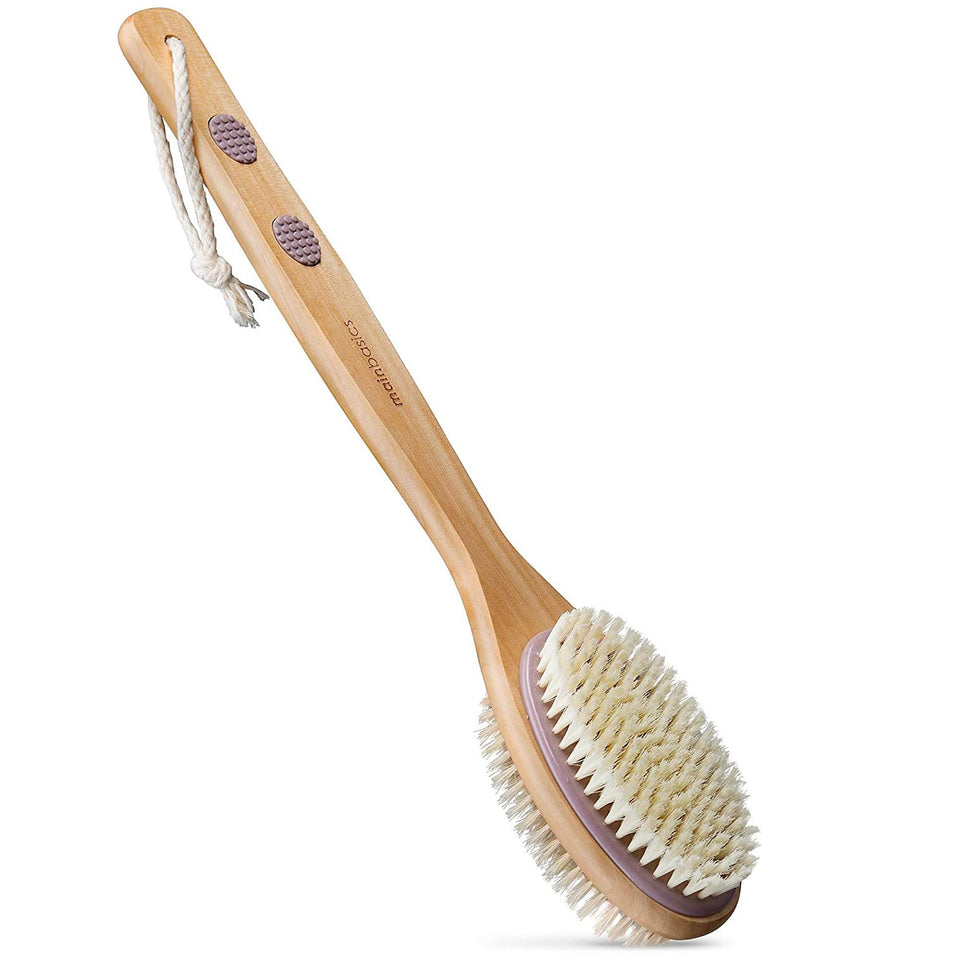 MainBasics front view of lavender back brush showing full length and design benefit