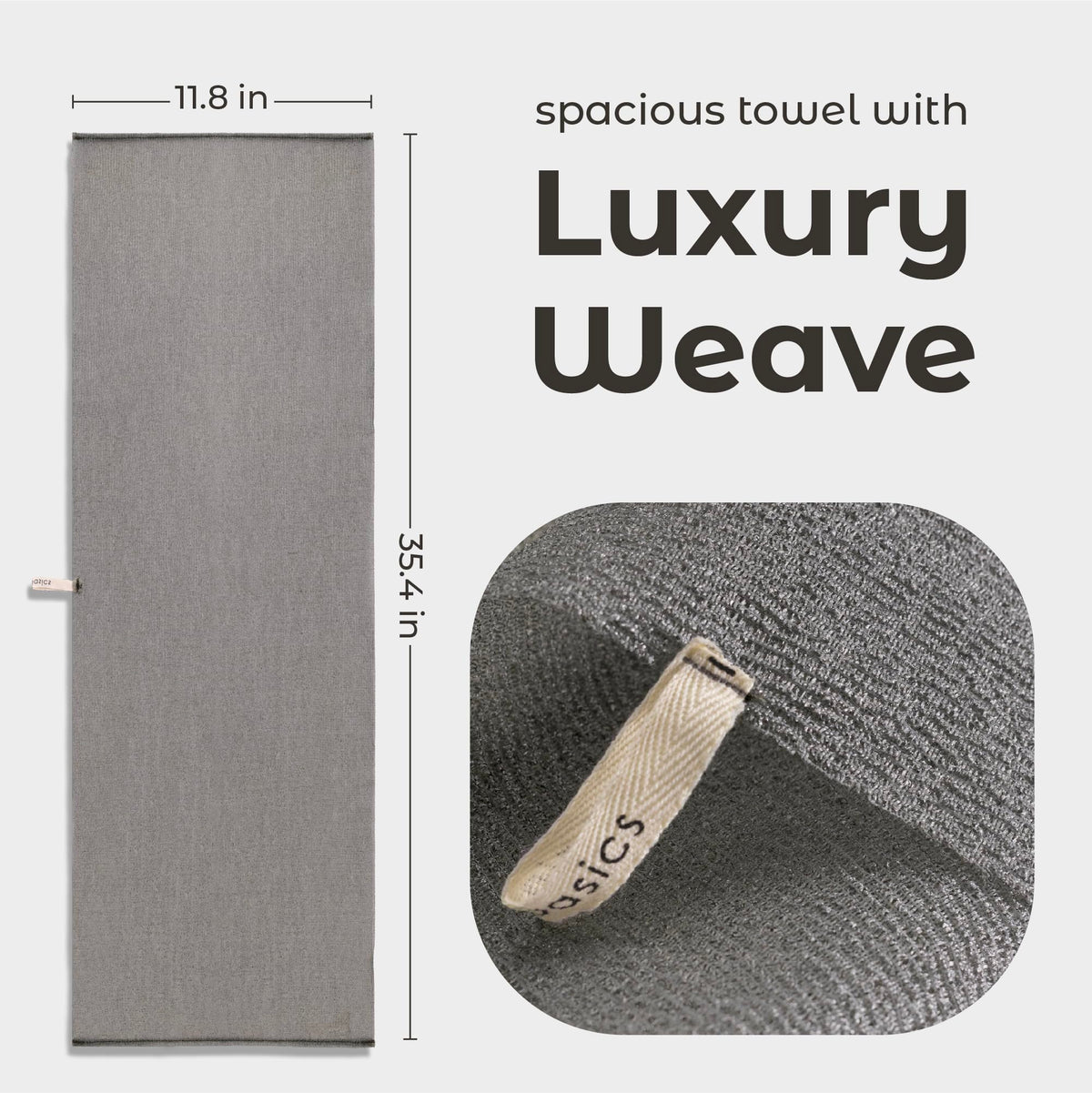 MainBasics full-length towel laid flat demonstrating 35.4 x 11.8 inch reach