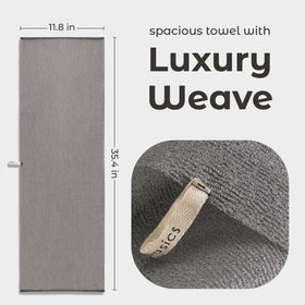 MainBasics full-length towel laid flat demonstrating 35.4 x 11.8 inch reach
