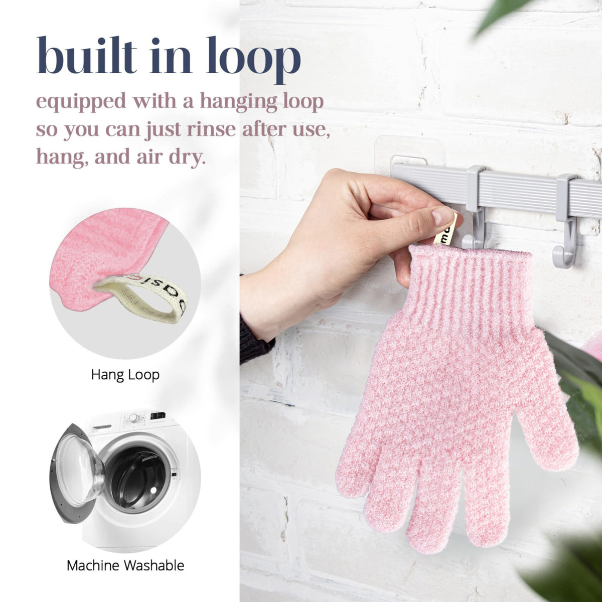 MainBasics glove in shower scene with water running benefit: convenient everyday body exfoliation