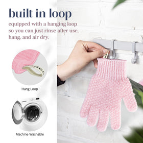 MainBasics glove in shower scene with water running benefit: convenient everyday body exfoliation