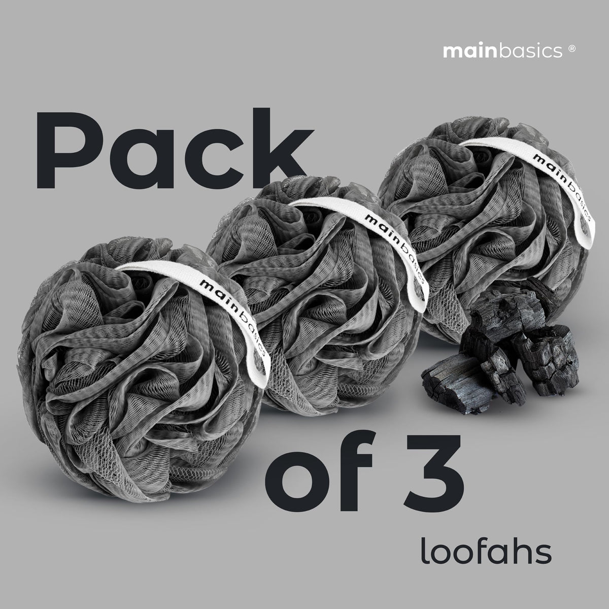 MainBasics loofah on bathroom shelf demonstrating coordinated décor benefit