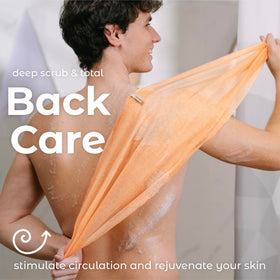 MainBasics towel in shower demonstrating back-scrub reach and cleansing benefit