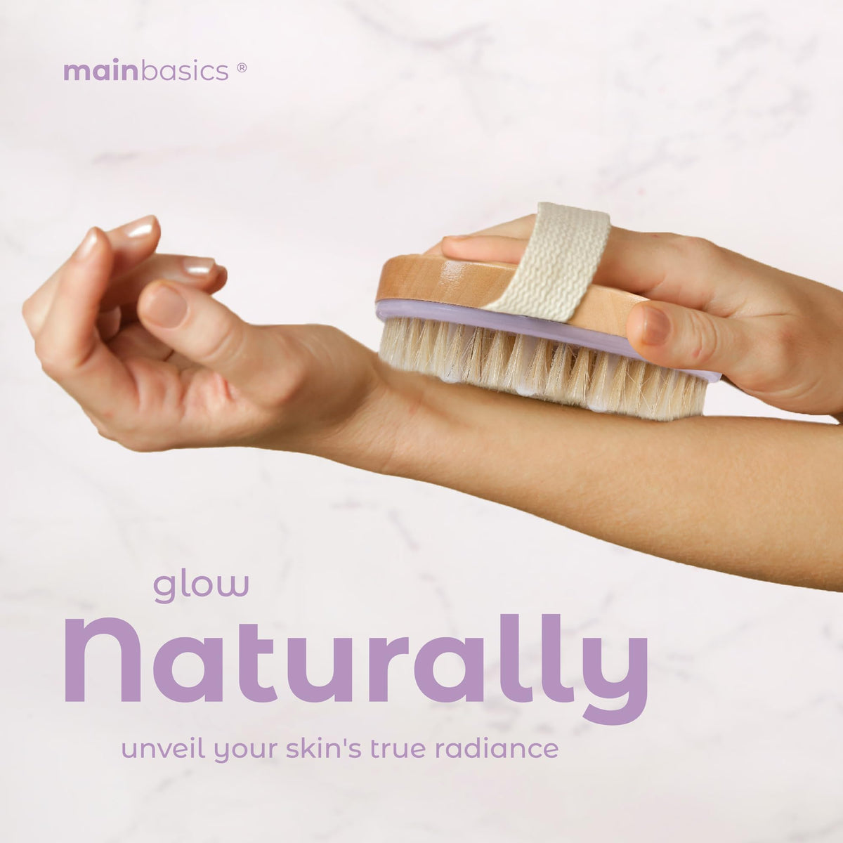 MainBasics brush used in shower demonstrating gentle wet exfoliation benefit