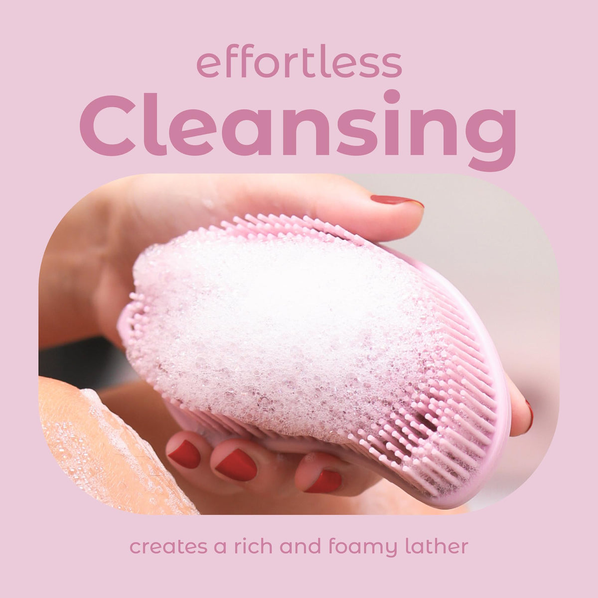 MainBasics scrubber in shower use demonstrating thorough lathering and cleansing