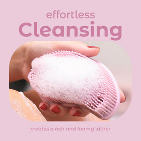 MainBasics scrubber in shower use demonstrating thorough lathering and cleansing