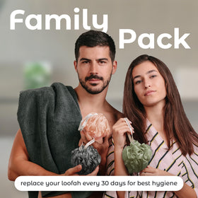 MainBasics pouf generating thick lather to save body wash benefit