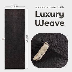 MainBasics towel draped over shoulders demonstrating full-back reach and comfortable use