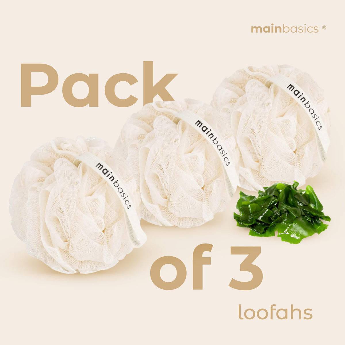 MainBasics loofah staged in bathroom for neutral decor compatibility and aesthetic benefit