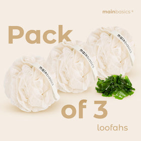 MainBasics loofah staged in bathroom for neutral decor compatibility and aesthetic benefit