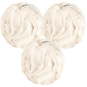 MainBasics front view of three-pack loofahs showing color and size, easy storage benefit