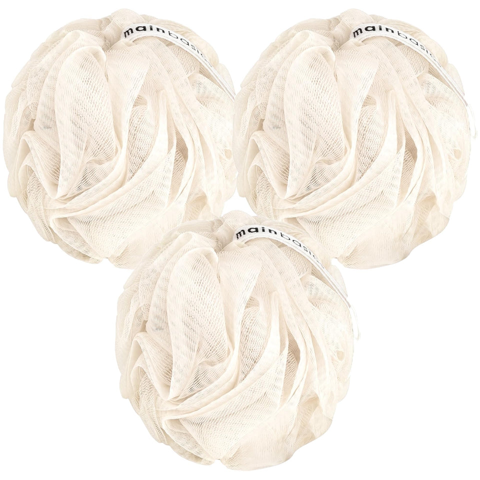 MainBasics front view of three-pack loofahs showing color and size, easy storage benefit