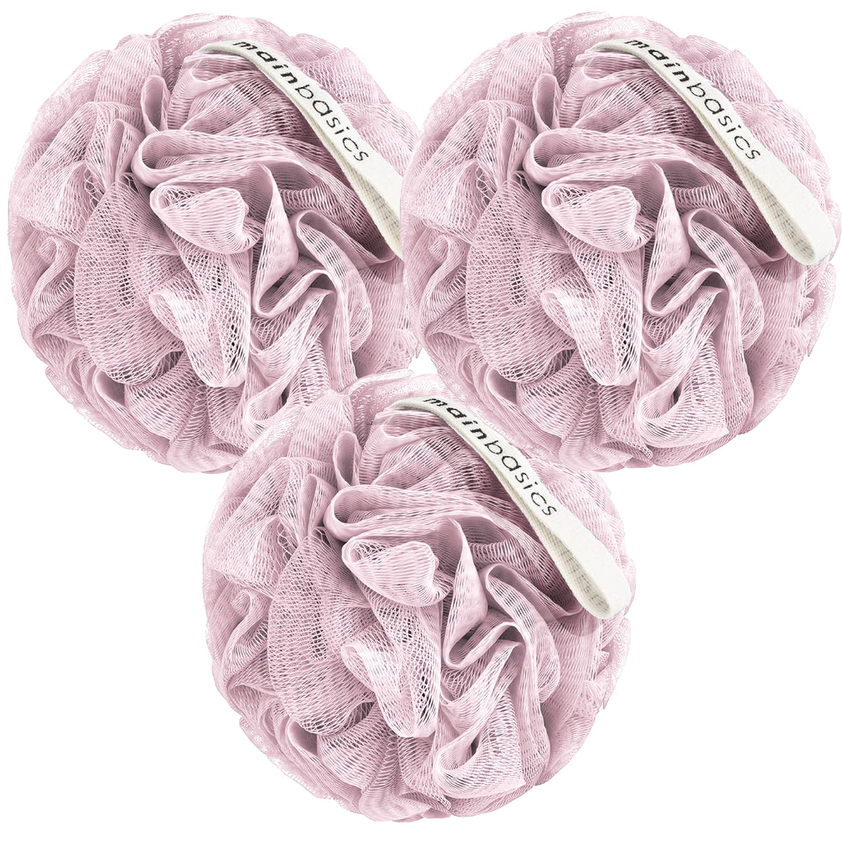 MainBasics loofah front view showing three pink poufs and brand clarity