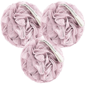 MainBasics loofah front view showing three pink poufs and brand clarity