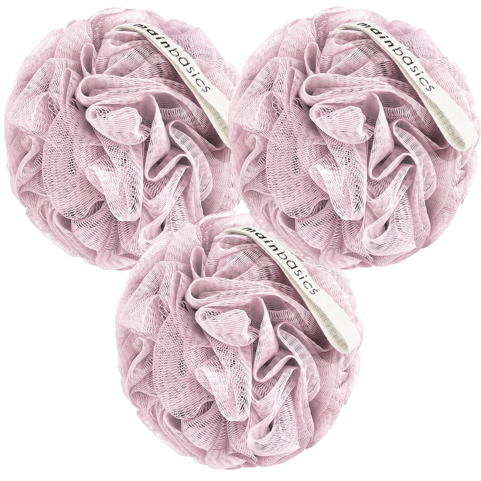 MainBasics loofah front view showing three pink poufs and brand clarity
