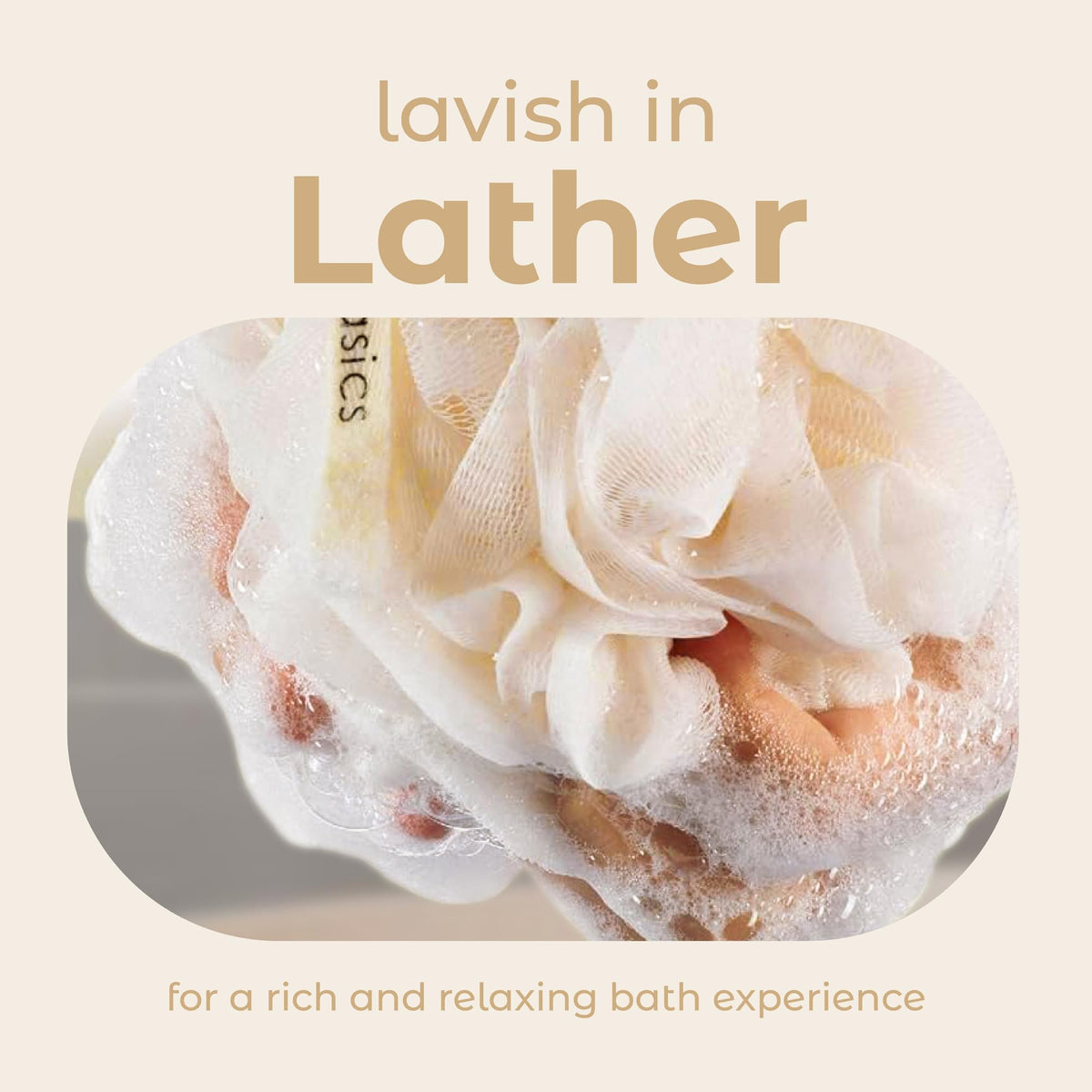MainBasics loofah held in hand to show scale and comfortable grip benefit