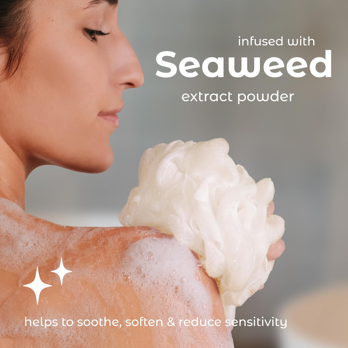 MainBasics loofah producing rich foam with body wash to save product benefit