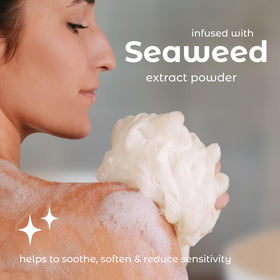 MainBasics loofah producing rich foam with body wash to save product benefit
